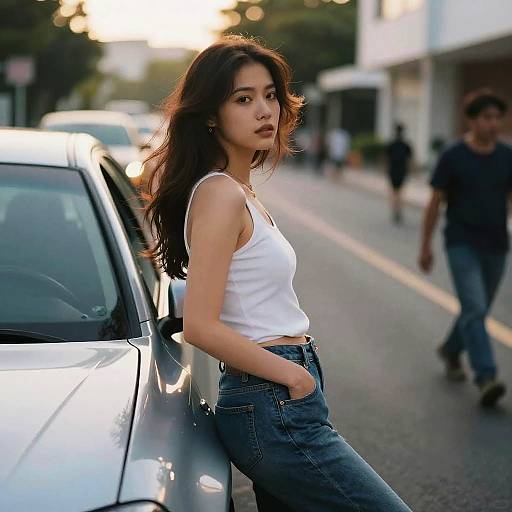 Dynamic Woman Leaning on Car