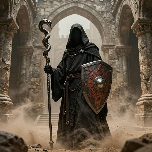 Mysterious hooded figure with serpent staff and ornate shield in dusty, ancient stone archway. Dark, medieval fantasy scene. Digital art.