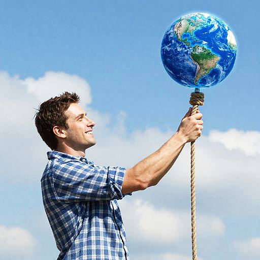 Smiling Man with Glowing Earth in Sky