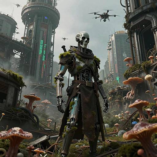 Salvager-Priest Among Bio-Mechanical Urban Ruins