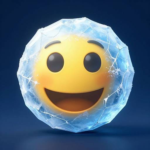 3D CGI image of a smiling yellow emoji face encased in a glowing, icy, crackled blue sphere against a dark blue background.