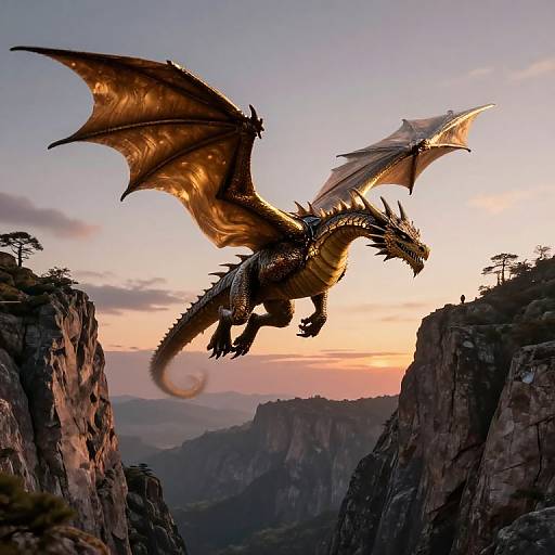 Photorealistic digital artwork of a golden-brown dragon with large wings soaring between two rocky cliffs at sunset, with a pastel sky in the background