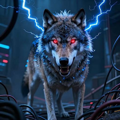Digital artwork of a fierce, glowing-red-eyed wolf with electric blue lightning bolts surrounding its head, amidst tangled wires in a dark, futuristic lab.