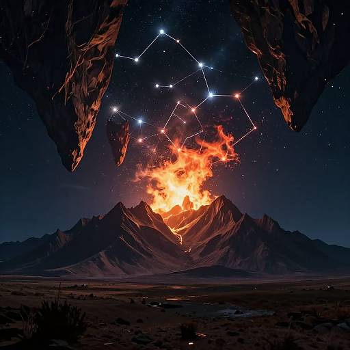 Photograph of a nighttime mountain explosion with bright orange flames, surrounded by a starry sky and constellation, framed by rocky overhangs.