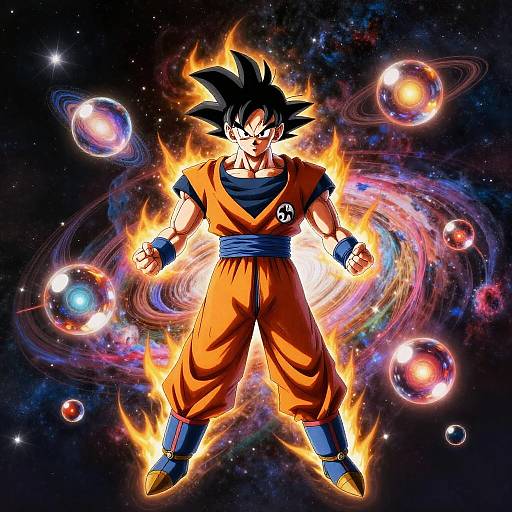 Digital art of Super Saiyan Son Goku, glowing with fiery aura, surrounded by colorful, radiant bubbles in a starry space background.