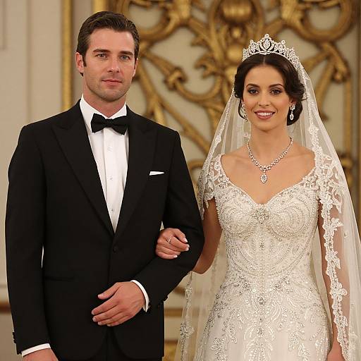 Photograph of a smiling couple in formal attire: groom in black tuxedo, bride in white lace gown and tiara, standing in ornate