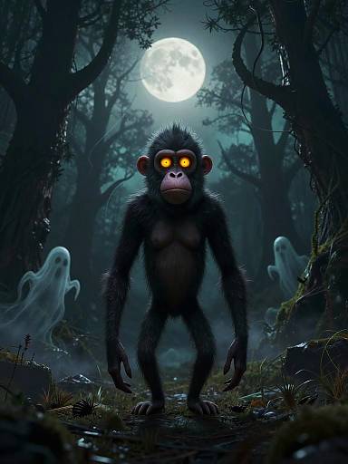 Digital illustration of a glowing-eyed, dark-furred monkey standing in a foggy, moonlit forest with ghostly figures in the background.