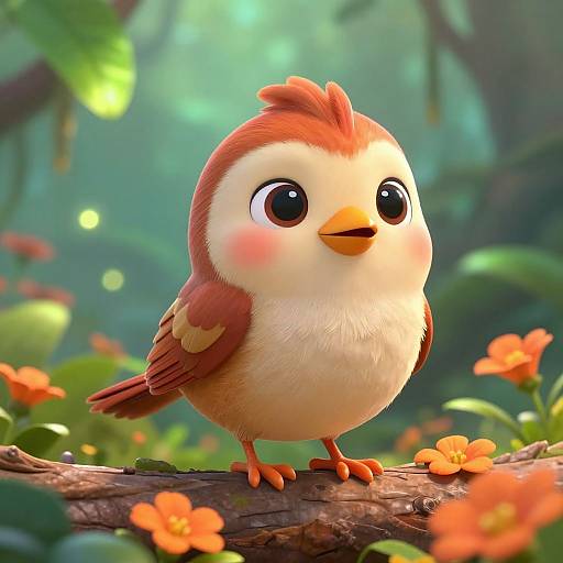 Cute, cartoon-style bird with large eyes and fluffy feathers, standing on a branch in a lush, colorful forest. Bright, vibrant CGI animation.