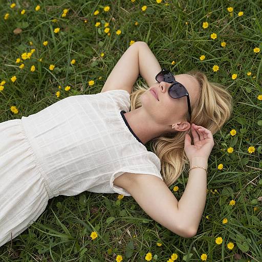 Blonde Woman Relaxing on Flowered Grass