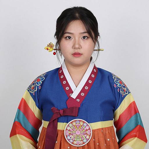 Photograph of a young Asian woman in traditional Korean hanbok with colorful stripes, floral embroidery, and a decorative circular brooch.