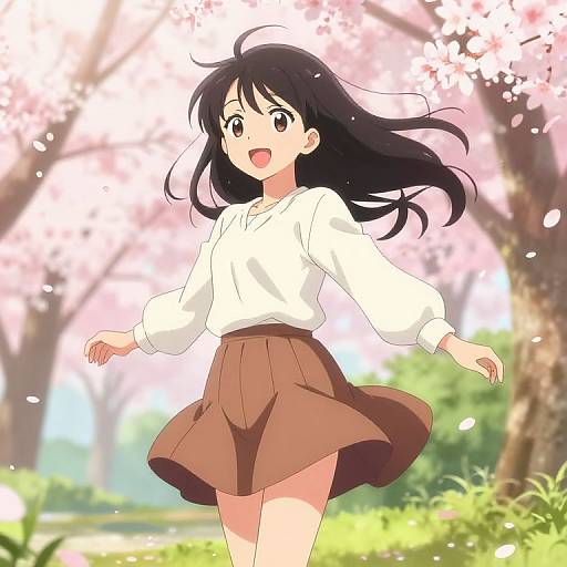Cheerful Anime Girl in Cherry Blossom Park