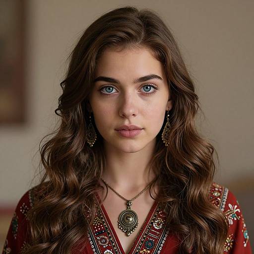 Photograph of a young woman with long wavy brown hair, blue eyes, wearing a red embroidered top, ornate necklace, and dangling earrings,