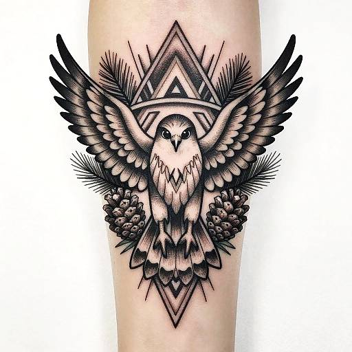 Black and gray tattoo of an owl with spread wings, surrounded by pine cones and geometric shapes, on a human arm.
