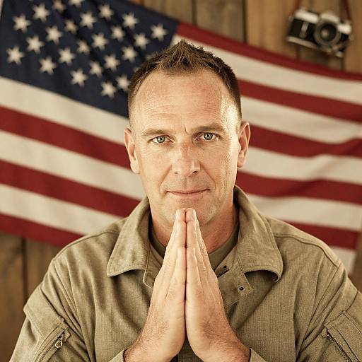Photograph of a middle-aged white man with short brown hair, wearing a green shirt, hands in prayer position, in front of an American flag.