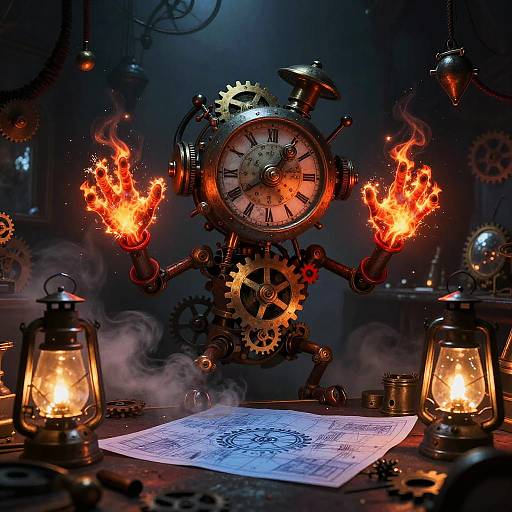 Mischievous Clockwork Imp in Gothic Workshop