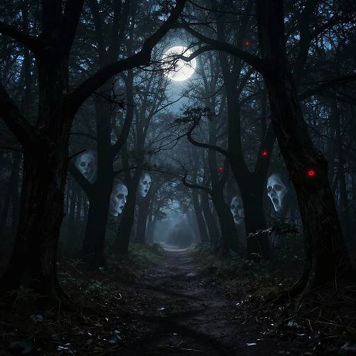 Haunted Forest Path with Ghostly Faces