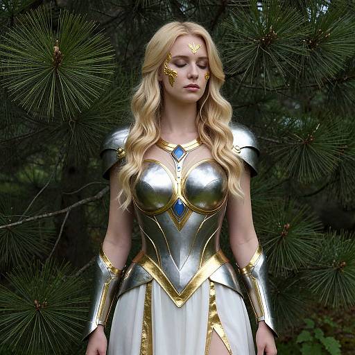 Photograph of a blonde woman with long wavy hair, wearing silver and gold armored dress with blue gem, standing in forest.