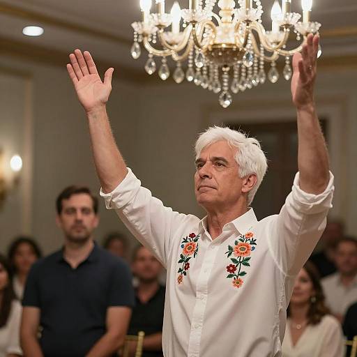White-haired man raising hands during performance