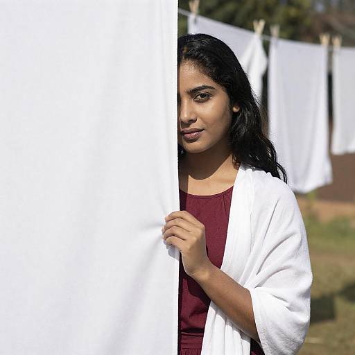 Woman Peering from Behind White Curtain Outdoors