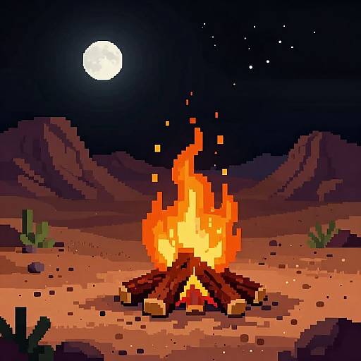 Pixel art of a bright orange campfire under a full moon in a desert with cacti and mountains, surrounded by a starry night sky.