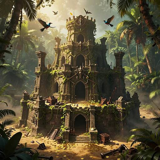 Fantasy CGI image of a moss-covered, ruined stone temple surrounded by lush jungle, with sunlight piercing through, and birds flying overhead.