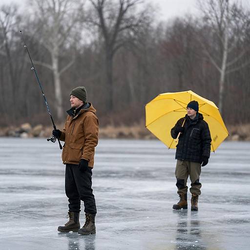 Two Men Ice Fishing on Frozen Lake