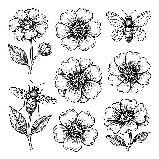 Black-and-white ink drawing of six detailed flowers and two bees, with delicate line work, on a white background.