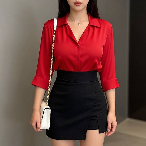 Photograph of a woman with long black hair, wearing a red button-up blouse and black skirt, carrying a white handbag with a gold chain strap