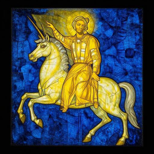 Stained glass artwork of a haloed, robed figure with a unicorn, glowing yellow against a deep blue background. The figure raises one hand,