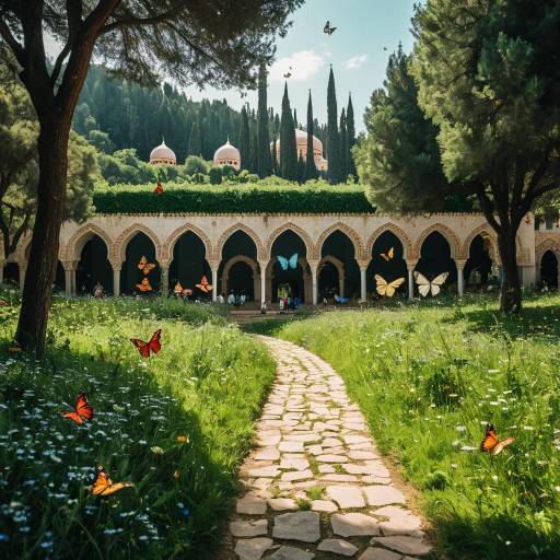 Meadow with Vibrant Butterflies and Moorish Arches