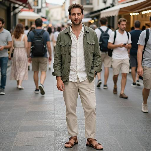 Photograph of a casually dressed man with dark curly hair, olive jacket, white shirt, beige pants, brown sandals, standing in a busy, bustling
