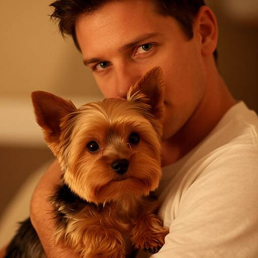 Photograph of a man with short brown hair, wearing a white t-shirt, gently holding a small, fluffy, brown Yorkshire Terrier with large ears