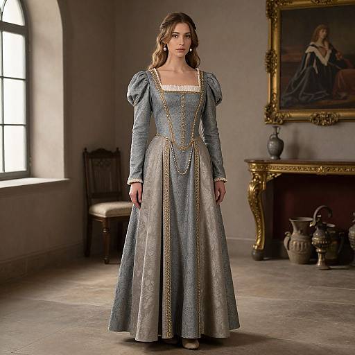 Photograph of a woman in a blue, medieval-style dress with gold trim and puffed sleeves, standing in an elegant, dimly lit room with