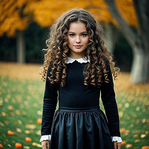 Girl in Black Dress with Curly Hair Outdoors