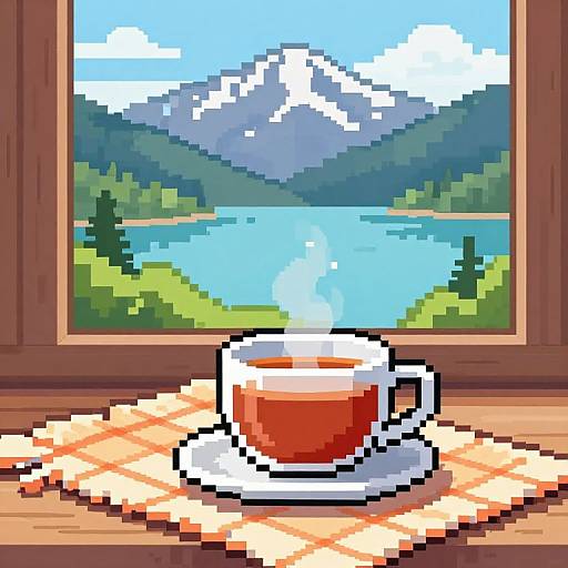 Cozy Pixel Art with Tea and Lake