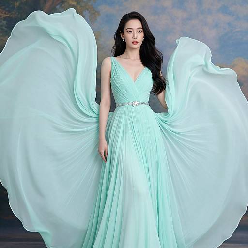 Photograph of a beautiful woman with long black hair, wearing a flowing, light blue, V-neck gown with wide, billowing sleeves, standing against