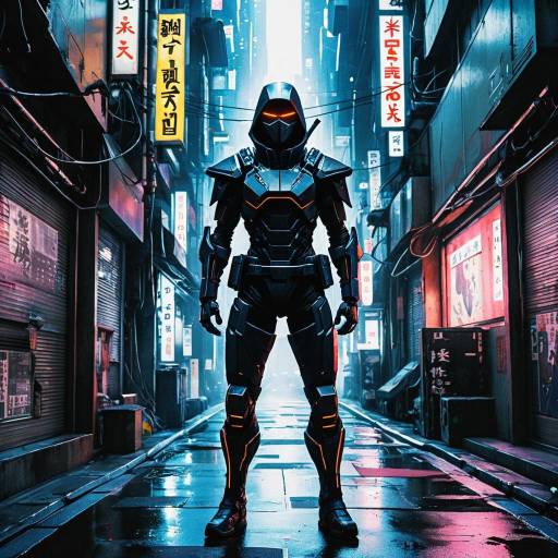 Cybernetic Shadow Ninja in Neon Futuristic Alley