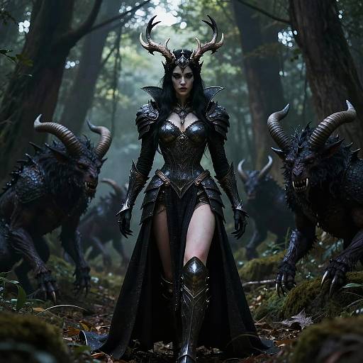 Digital fantasy artwork of a dark-haired, armored woman with antlered helmet, standing confidently in a misty forest, flanked by black, horn