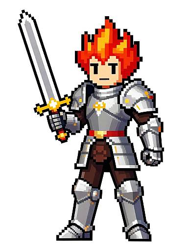 Pixel art of a red-haired knight in silver armor holding a sword, standing against a gray background. Retro 8-bit style.