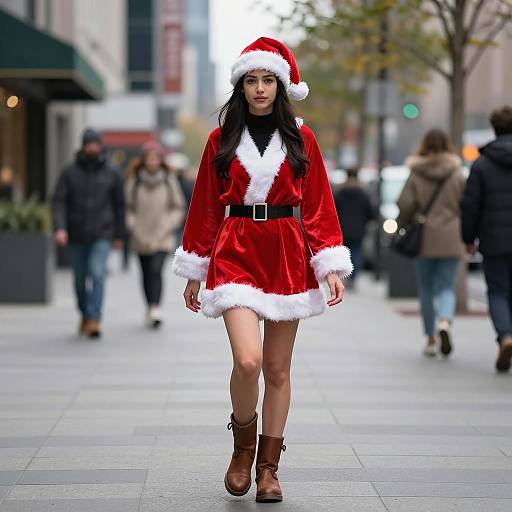 Woman in Santa Outfit Walking on Urban Sidewalk