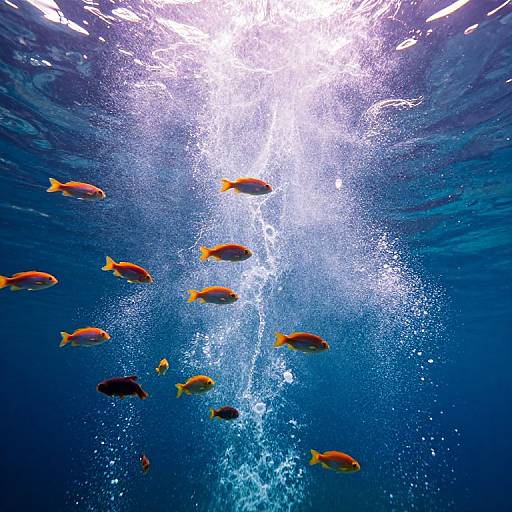Photograph of vibrant orange and yellow fish swimming upwards in a deep blue underwater scene, illuminated by sunlight filtering through the water.