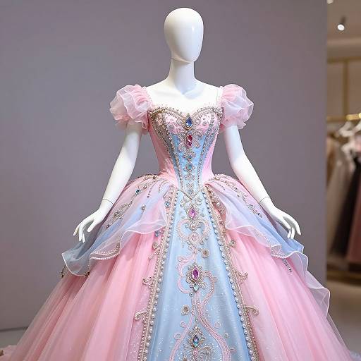 Photograph of a white mannequin wearing an elaborate, pastel pink and blue ball gown with intricate embroidery, sheer puff sleeves, and a full