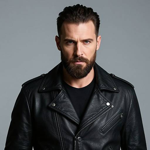 Photograph of a bearded white man with dark hair, wearing a black leather jacket over a black shirt, against a gray background. Intense blue