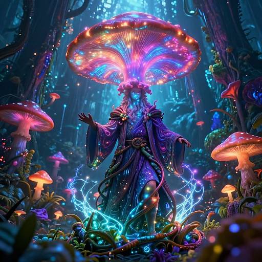 Digital artwork of a mystical, glowing figure with a mushroom hat, surrounded by vibrant, neon-colored mushrooms in a magical forest.