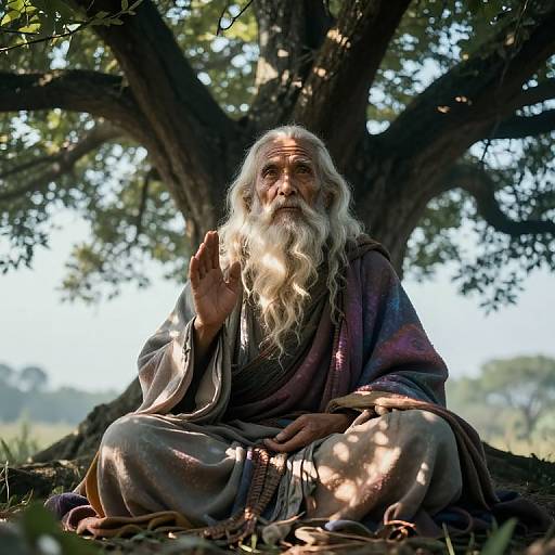 Photograph of an elderly Indian man with a long white beard, sitting under a large tree, wearing a brown robe, raising his right hand in a