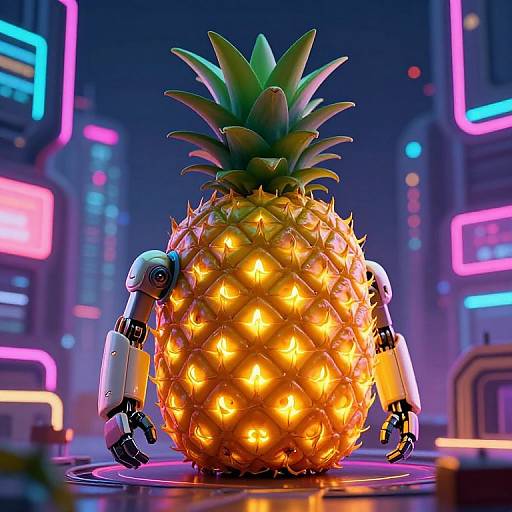 Neon-lit cyberpunk scene featuring two robotic arms hugging a glowing, pineapple-shaped light sculpture with vibrant, yellow-orange lights.