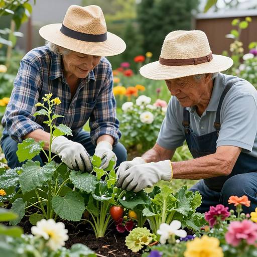 Grandparents Gardening in Lush Backyard