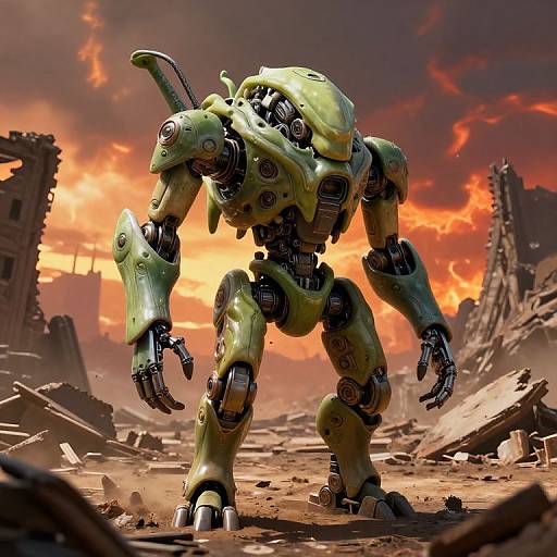 CGI image of a green, robotic creature with antennae standing in a ruined, post-apocalyptic landscape with a fiery, orange sky.