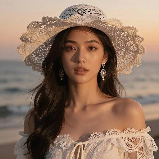 Photograph of a beautiful Asian woman with long black hair, wearing a white lace hat and off-shoulder lace top, standing on a beach at