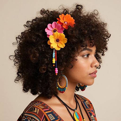 Photograph of a young Black woman with curly hair, adorned with orange and pink flowers, colorful beaded earrings, and necklace, wearing a patterned